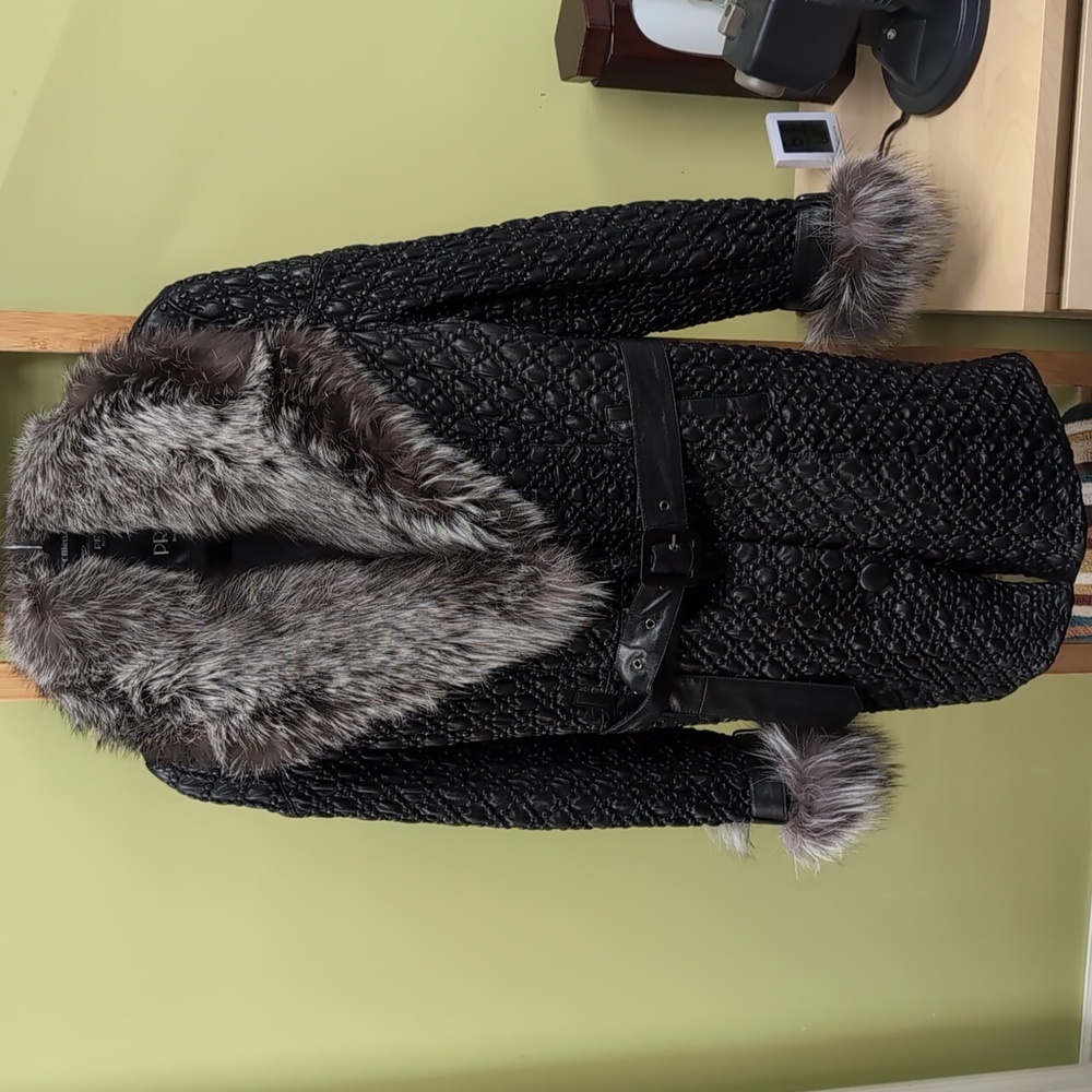 Prodi Italian textured leather jacket with silver fox fur collar and cuffs
